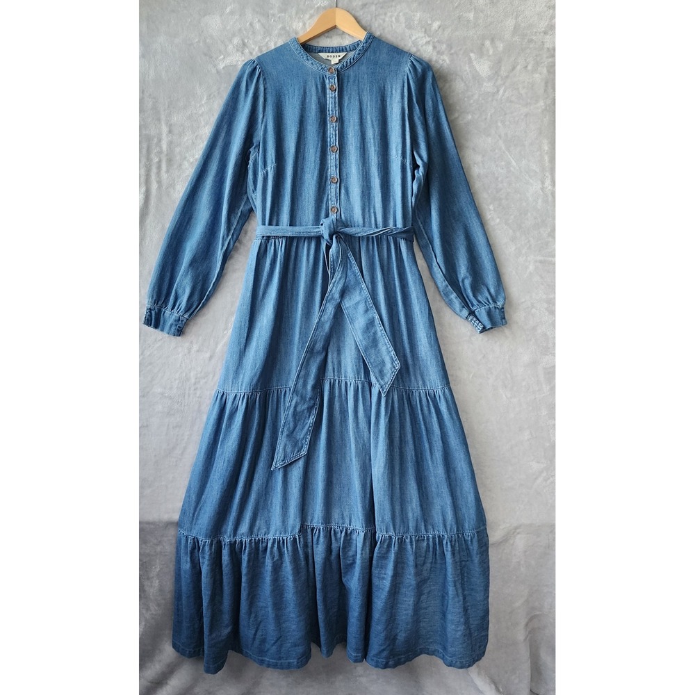 Boden Dress Womens Size 12 Alba Denim Maxi Tiered Blue Jean Tie Belt 12R